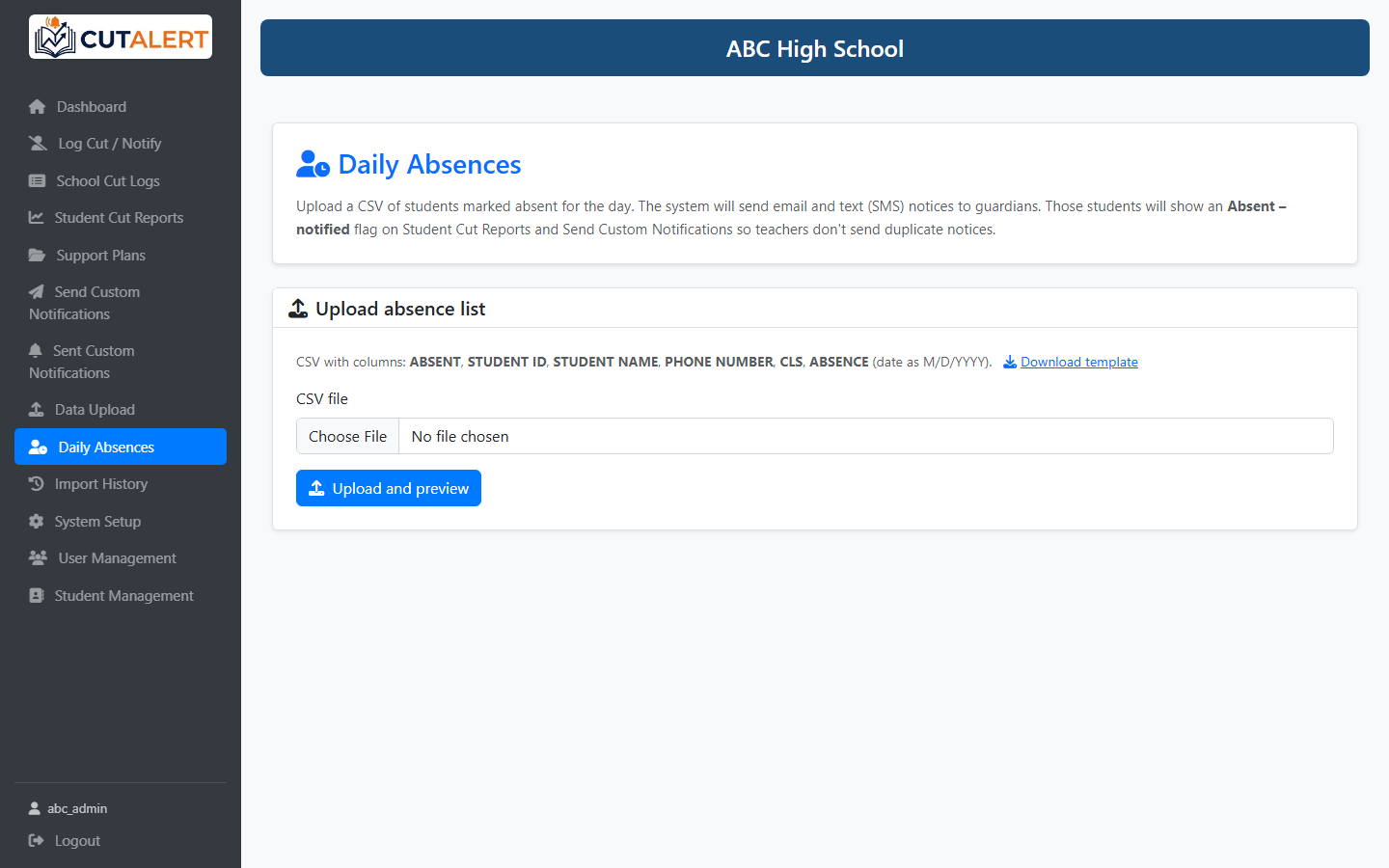 Daily Absences desk — upload, review, send, and track parent callbacks