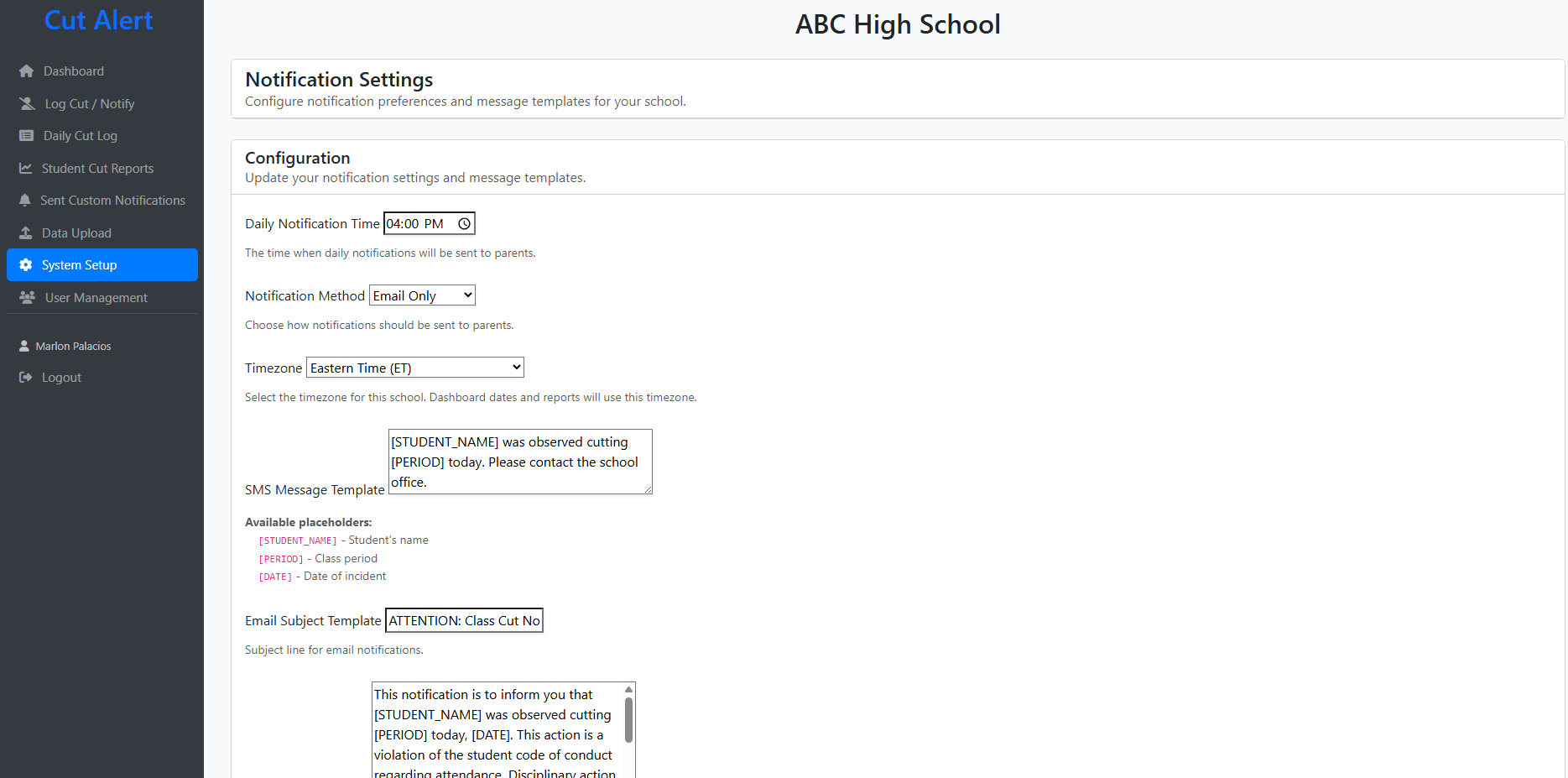 System Setup - Customize notifications